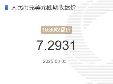 2025年03月03日：3月3日人民币兑美元即期收盘价报7.2931 较上一交易日下调93个基点